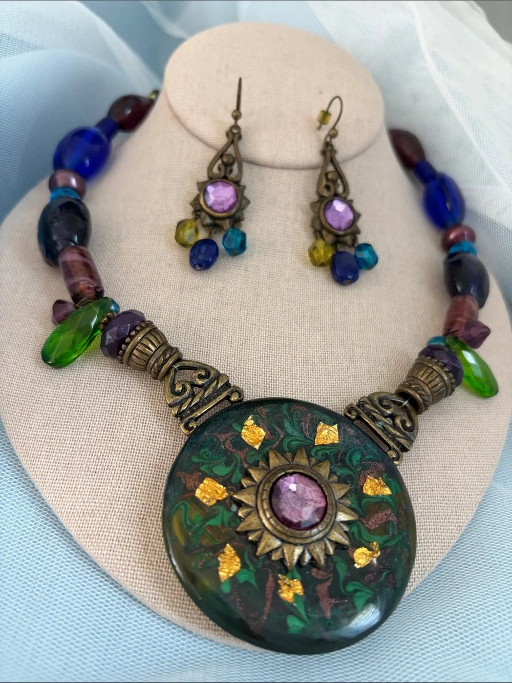 Chico's Green and Purple Statement Necklace with Matching Earrings Pierced